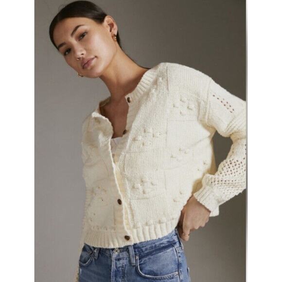 Anthropologie Pilcro Diana Cropped Cardigan Sweater Size Medium Ivory - Picture 1 of 9